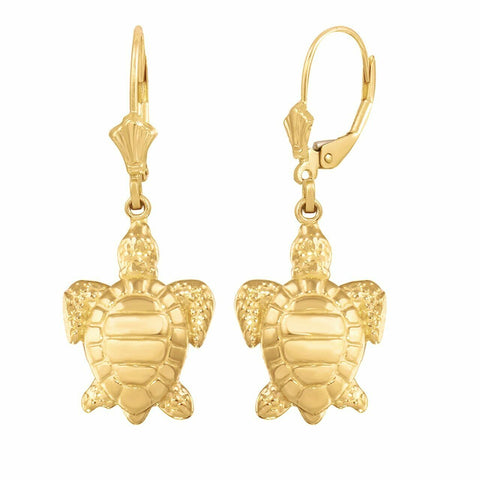 14K Yellow Gold Detailed Sea Turtle Leverback Earring Set
