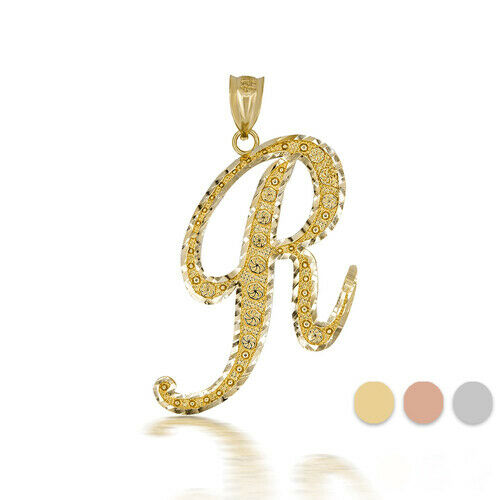 10k Solid Yellow Gold Cursive Initial Letter R Pendant Necklace