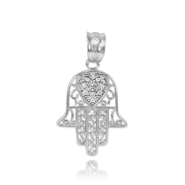 14k Solid White  Gold Diamond Filigree Hamsa Pendant Necklace 16" 18" 20" 22"