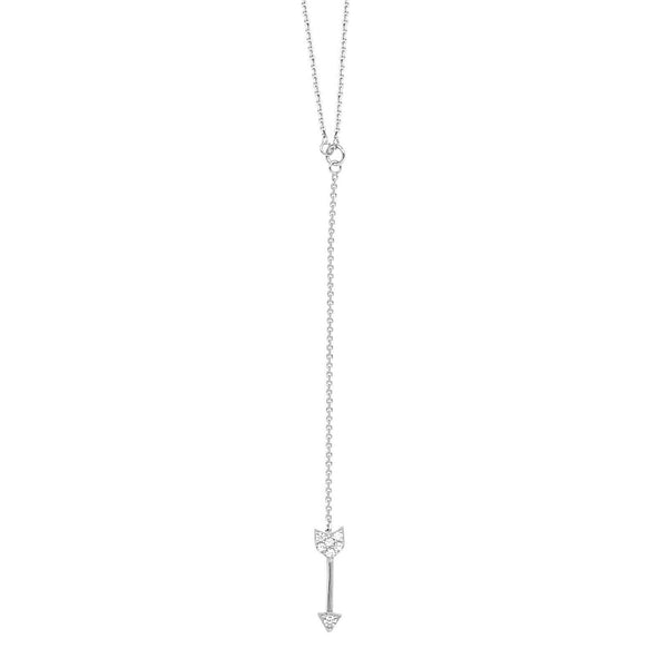 14K Solid Gold CZ Arrow Drop Dangle Lariat Necklace 16"-18" (White, Yellow,Rose
