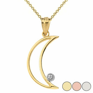 10k or 14k Solid Gold Crescent Moon Arc-Shaped Outline Openwork Pendant Necklace