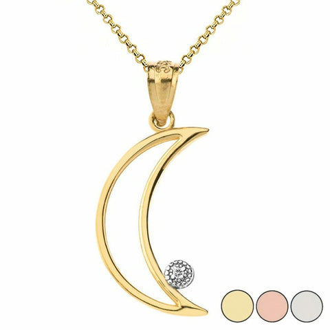 10k or 14k Solid Gold Crescent Moon Arc-Shaped Outline Openwork Pendant Necklace