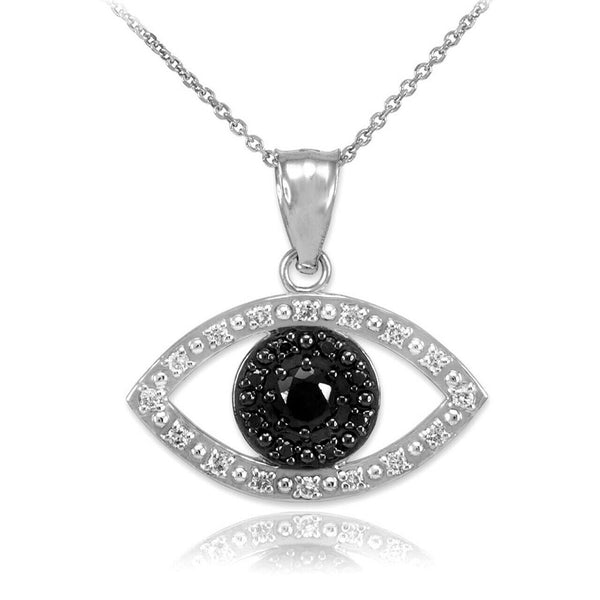 14k Real White Gold Evil Eye with 16 Clear and 8 Black Diamond Pendant Necklace