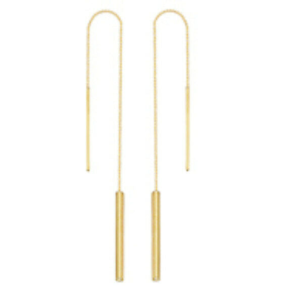 14K Solid Gold Tube Bar Dangle Drop Threader Earrings - Yellow, White