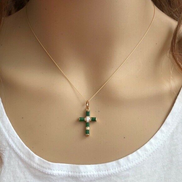 14K Solid Gold Jade Cross Pendant Charm Dainty Necklace Minimalist Element Shine