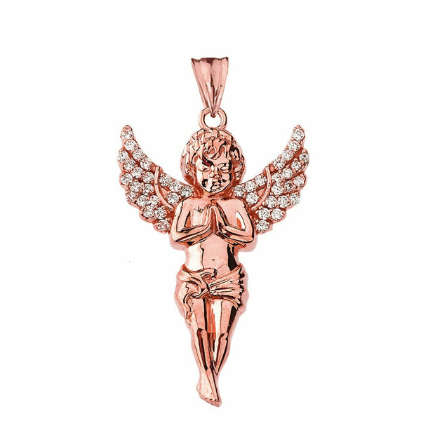 14k Solid Rose Gold Angel CZ Religious Pendant Necklace