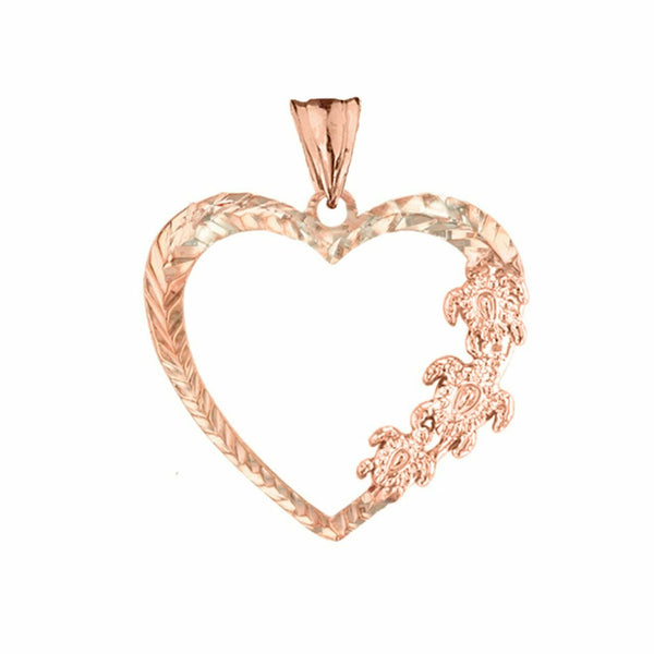 14k Solid Rose Gold Honu Hawaiian Turtles Heart Pendant Necklace