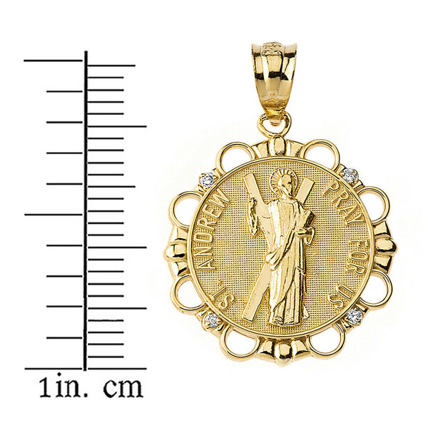 14k Solid Gold Diamond Saint Andrew Pray For Us Circle Pendant Necklace