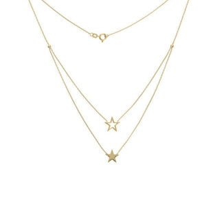 14K Solid Gold Duo Layer Double Star Solid Open Cut Out Necklace 16"-18"
