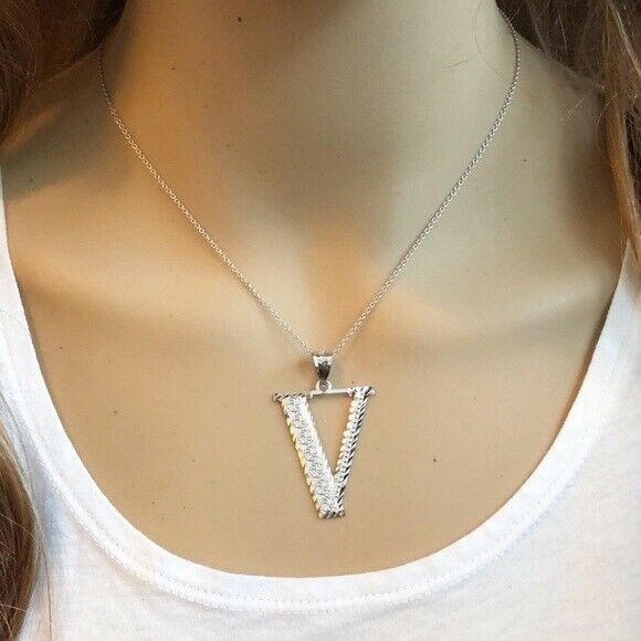 925 Sterling Silver Initial Letter V  Pendant Necklace - Large, Medium, Small DC