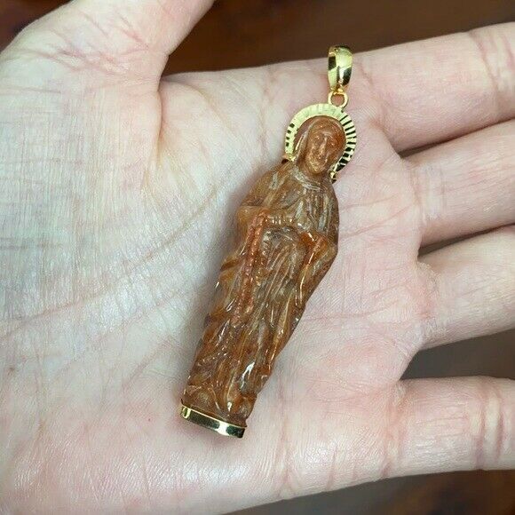 14K Solid Gold The Blessed Virgin Mary Prayer Carved Natural Red Jade Pendant