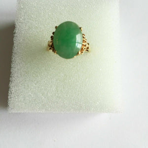 14K Solid Yellow Gold Oval Green Jade Women Ring Size 5.75