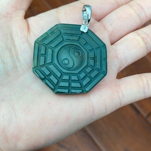 925 Sterling Silver Carving Agate Yin Yang Pendant Necklace