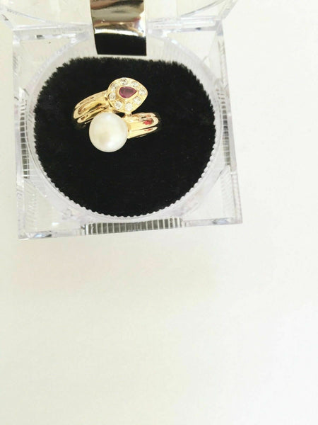 14K Solid Yellow Gold Pearl and Ruby Women Ring size 4.5