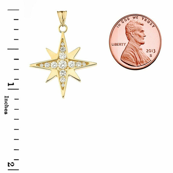 Solid 10k Yellow Gold Cubic Zirconia North Star Pendant Necklace