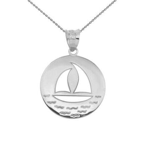 925 Sterling Silver Nautical Ocean Waves Sailboat Silhouette Pendant Necklace