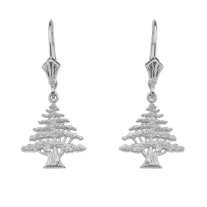 925 Sterling Silver Lebanese Cedar Tree Drop / Dangle Leverback Earrings
