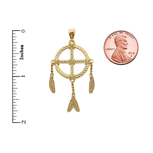 10k Solid Yellow White Rose Gold CZ Dream Catcher Pendant Necklace