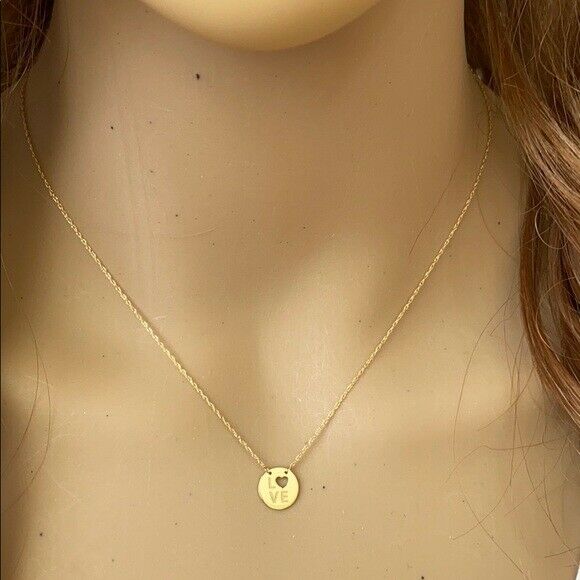14K Solid Yellow Gold Mini Small Disk Disc Cut Out Heart Love Engrave Necklace