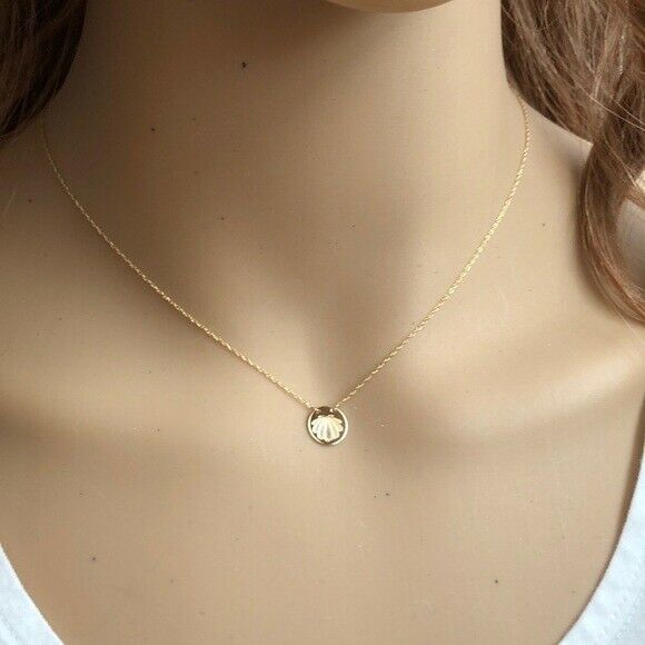 14K Solid Gold Mini Disk Etched Shell Dainty Necklace - Minimalist
