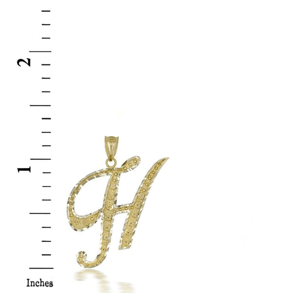 10k Solid Yellow Gold Cursive Initial Letter H Pendant Necklace