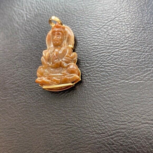 14K Solid Gold Guanyin Kwan Yin Female Buddha Natural Red Jade Pendant