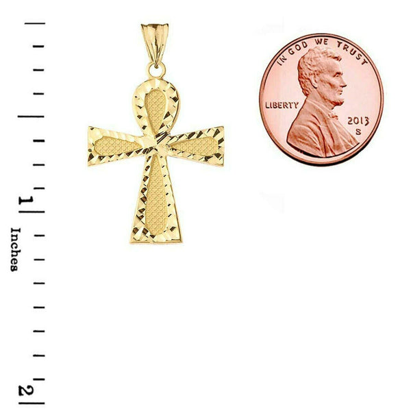 14k Solid Yellow Gold Sparkle Cut Ankh Cross Eternal Life Pendant Necklace