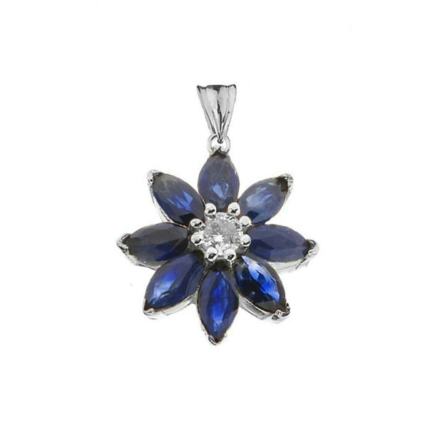 Solid 10k White Gold Genuine Sapphire and Diamond Daisy Pendant Necklace