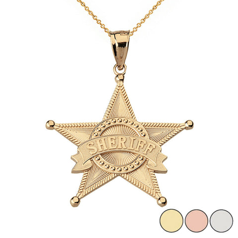 14k Solid Gold Star Sheriff Badge Public Safety Textured Pendant Necklace