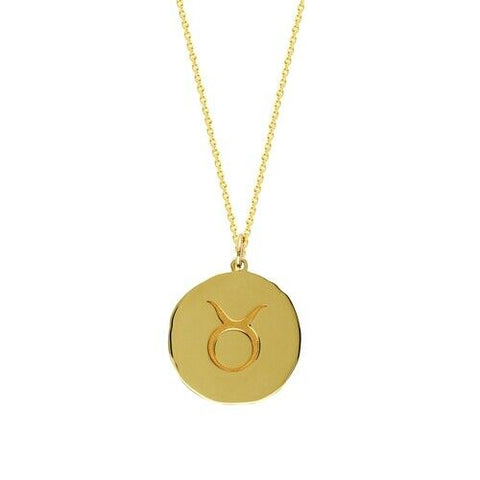 14K Solid Yellow Gold Organic Disk Engraved Taurus Zodiac Pendant Necklace
