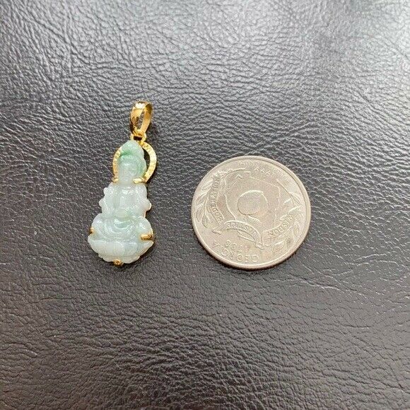 14k Solid Gold Natural Jadeite Jade Kwan Quan Yin Green Female Buddha Pendant S