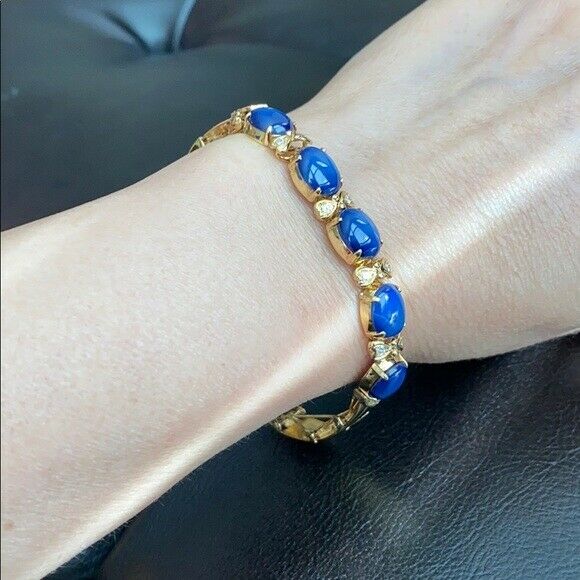 14K Solid Real Yellow Gold Oval Blue Star Bracelet 6.5 inches