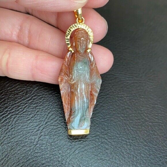 14K Solid Gold The Blessed Virgin Mary Carved Natural Red Jade Pendant