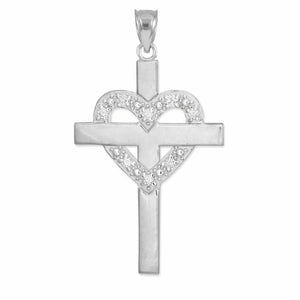 Solid 14k White Gold Cross 0.08 CTW Diamond Heart Pendant Necklace