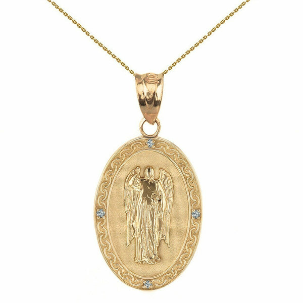 Solid 10k Yellow Gold Archangel Saint Gabriel Diamonds Engrable Pendant Necklace