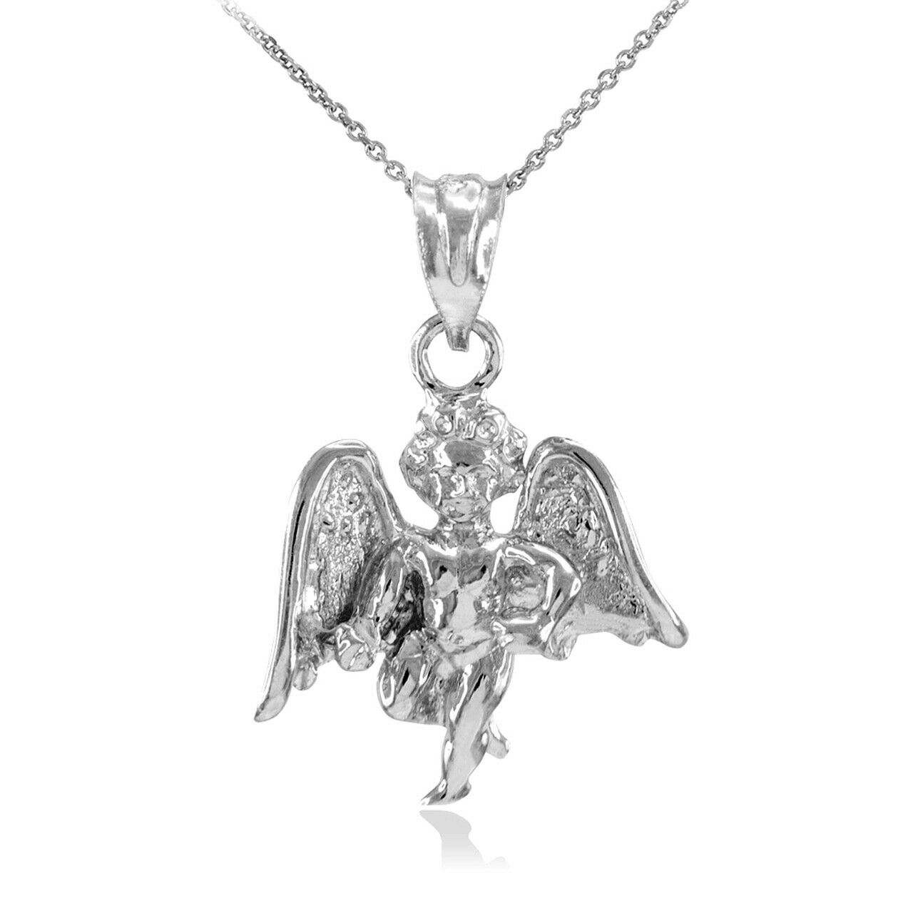 14k Solid White Gold Guardian Angel Charm Pendant Necklace