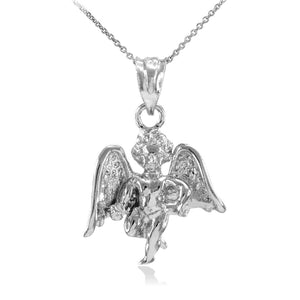 14k Solid White Gold Guardian Angel Charm Pendant Necklace