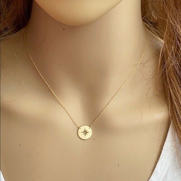 14K Solid Yellow Gold Mini Disk Disc Compass Necklace - Adjustable 16"-18"