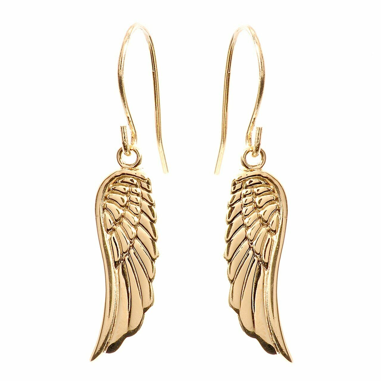 14k Solid Yellow Gold Dangle Angel Wings Hook Earrings