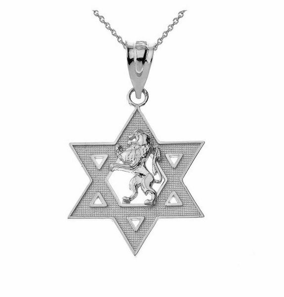 .925 Sterling Silver Star of David with Lion of Judah Pendant Necklace