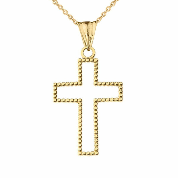 10k or 14k Solid Gold Two Sided Beaded Open Cross 1.2" Pendant Necklace