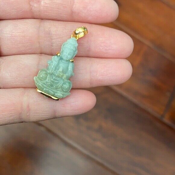 14K Solid Gold Guanyin Kwan Yin Female Buddha Natural Jade Pendant Small Size