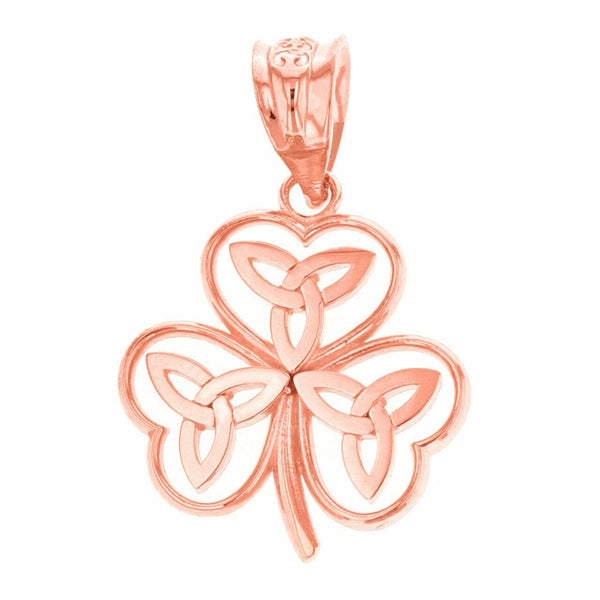 10k Solid Rose Gold Celtic Trinity Knot Shamrock Pendant Necklace