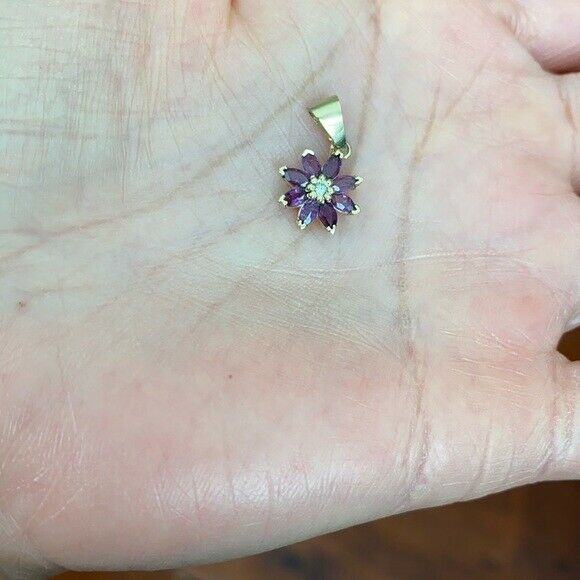 Solid 10k Yellow Gold Genuine Ruby and Diamond Daisy Pendant Necklace