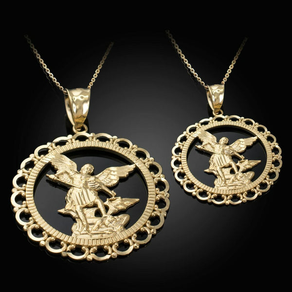 10k Yellow Gold Saint St Michael Archangel Openwork Pendant Necklace S, L