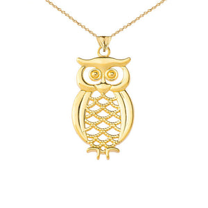 14K Solid Gold Owl Horseshoe Pendant Necklace - Yellow, Rose, or White Gold