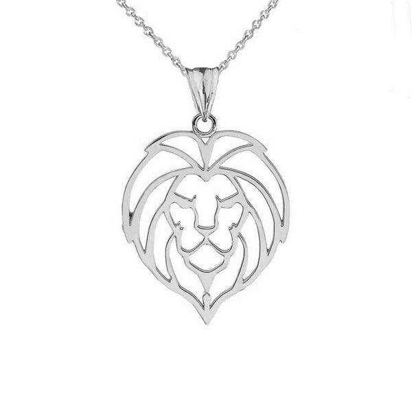14K Solid Fine White Gold Lion Head Cut Out Pendant Necklace