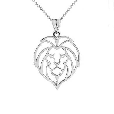 14K Solid Fine White Gold Lion Head Cut Out Pendant Necklace