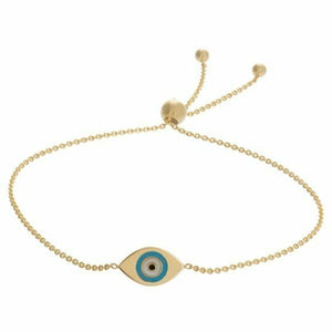 14K Solid Gold Turquoise Enamel Evil Eye Bracelet Adjustable length