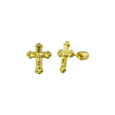 14K Yellow Gold Mini Small Cross Screw Back Stud Earrings - Minimalist